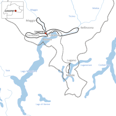 Karte mit Radweg durch das Tessin, Schweiz, der Losone, Locarno und Lugano verbindet. Lago Maggiore und Luganersee sind blau dargestellt.