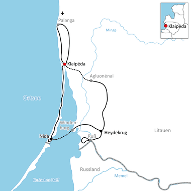 Karte mit Radroute entlang der Ostseeküste von Klaipėda über Palanga nach Nida, vorbei an Windenburg und Heydekrug am Kurischen Haff.