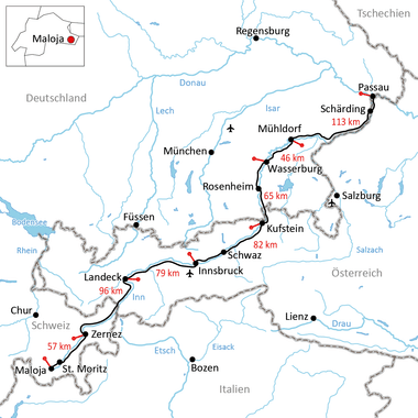Karte des Inn-Radwegs durch die Schweiz, Österreich und Deutschland, von Maloja bis Passau, mit markierten Stationen und Entfernungen.