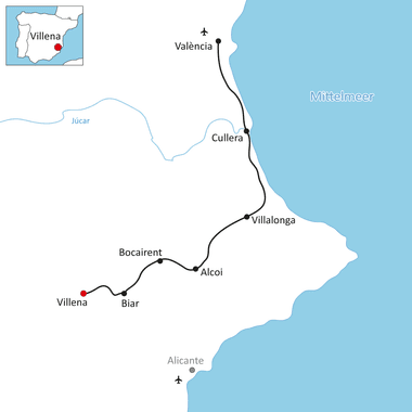 Karte mit Radroute von Valencia nach Villena über Cullera, Villalonga, Alcoi, Bocairent und Biar entlang Spaniens Mittelmeerküste.