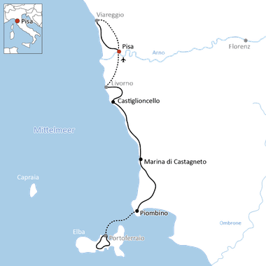 Karte mit Radroute entlang der toskanischen Küste von Viareggio nach Elba über Pisa, Livorno, Castiglioncello, Marina di Castagneto und Piombino.