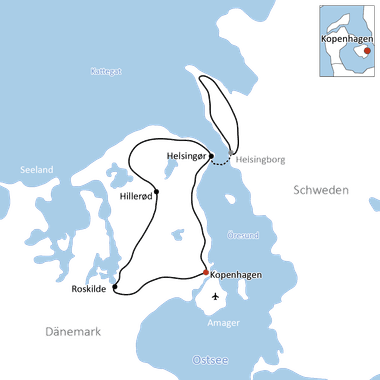Karte mit Radroute von Kopenhagen über Roskilde, Hillerød, Helsingør nach Helsingborg, die Dänemark und Schweden über den Öresund verbindet.