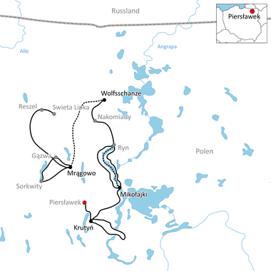 Karte mit Radroute durch Masuren, Polen. Route verbindet Piersławek, Wolfsschanze, Święta Lipka, Reszel, Gązwa, Mrągowo, Mikołajki und Krutyń.