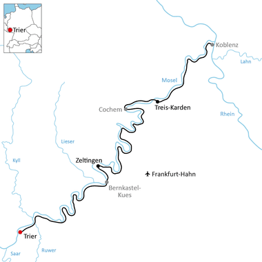 Karte des Mosel-Radwegs von Trier nach Koblenz mit schwarzer Linie entlang der Mosel über Bernkastel-Kues, Zeltingen, Treis-Karden und Cochem.