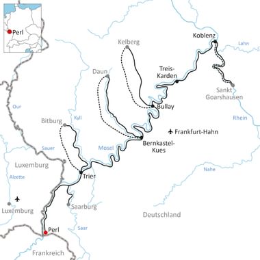Map showing cycling route along Mosel River from Perl to Koblenz, passing through Trier, Bernkastel-Kues, Treis-Karden, with nearby cities marked.