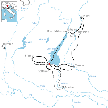 Karte mit Radwegen rund um den Gardasee mit Desenzano als zentralem Knotenpunkt. Routen führen nach Brescia, Verona, Mantua und entlang des Sees nach Riva del Garda.