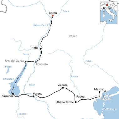 Karte mit Radroute von Bozen über Trient, Verona, Vicenza und Padua nach Venedig, vorbei am Gardasee und Mestre.