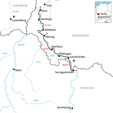 Karte des Saar-Radwegs von Konz bis Sarreguemines über Saarburg, Merzig und Saarbrücken. Gesamtstrecke 84 km in Abschnitten markiert.