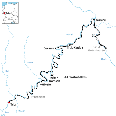 Karte mit Radweg entlang der Mosel von Koblenz nach Trier über Cochem, Treis-Karden, Traben-Trarbach und Trittenheim.