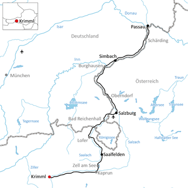 Karte mit Radroute durch Österreich und Deutschland von Passau nach Krimml über Salzburg und Saalfelden, Flüsse und Seen in Blau markiert.