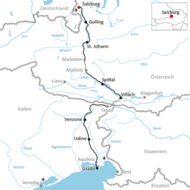Karte mit Radroute von Salzburg, Österreich über Golling, St. Johann, Spittal und Villach nach Grado, Italien via Venzone und Udine.