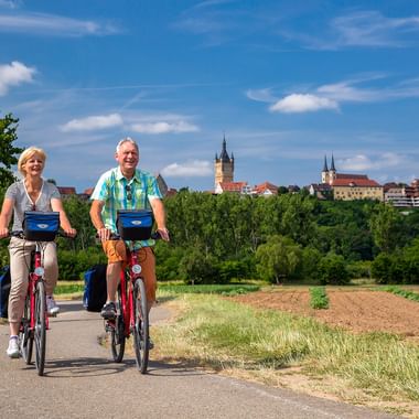 Zwei Radfahrer auf einem asphaltierten Weg durch Felder mit der historischen Skyline und Kirchtürmen von Bad Wimpfen im Hintergrund.
