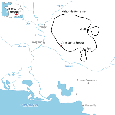 Karte mit einer Rundradroute in der Provence durch Vaison-la-Romaine, Sault, Apt und L'Isle-sur-la-Sorgue, mit der Rhône und dem Mittelmeer.