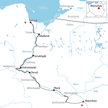 Karte mit Radweg durch Polen von Warschau nach Danzig über Płock, Toruń, Ostromecko, Grudziądz, Kwidzyn und Malbork entlang Flüssen und Ostseeküste.