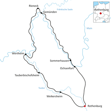 Karte mit Radweg von Rothenburg über Weikersheim, Tauberbischofs­heim, Wertheim, Sommerhausen, Ochsenfurt nach Gemünden entlang Main und Tauber.