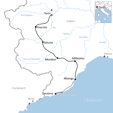 Karte mit Radroute durch Piemont von Turin über Pinerolo, Saluzzo, Mondovì, Millesimo und Albenga nach Sanremo an der Mittelmeerküste.