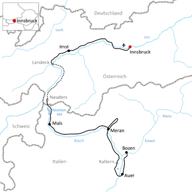 Karte mit Radroute von Innsbruck über Imst, Landeck, Nauders, Mals, Meran, Bozen bis Auer entlang der Etsch in Österreich und Italien.