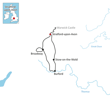 Karte mit Radroute durch Stratford-upon-Avon, Broadway, Stow-on-the-Wold und Burford mit den Flüssen Themse und Great Ouse.