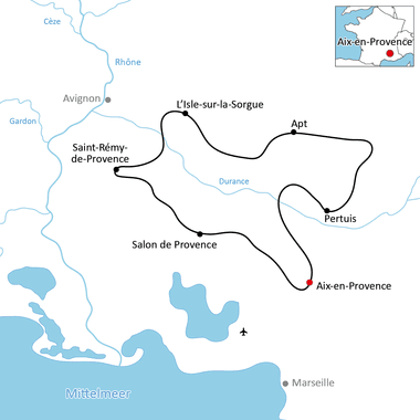 Karte mit Radroute durch die Provence, Frankreich. Schwarze Linie verbindet L'Isle-sur-la-Sorgue, Apt, Pertuis und Aix-en-Provence, Flüsse in Blau.