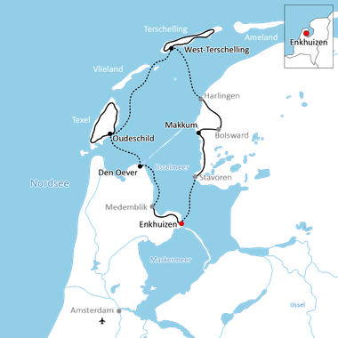 Karte mit Radroute durch Nordholland von Enkhuizen über Texel, Oudeschild, Den Oever und Makkum zurück nach Enkhuizen.