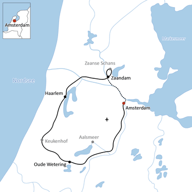 Karte mit Radroute durch Nordholland über Amsterdam, Zaandam, Haarlem und Oude Wetering. Schwarze Linie markiert Route nahe der Nordsee.