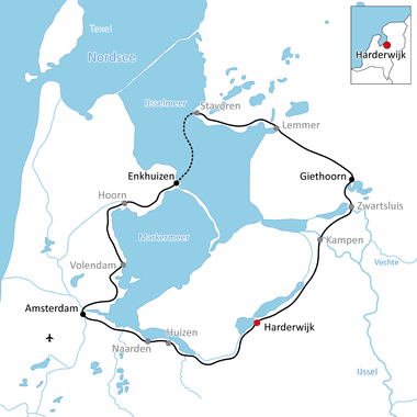Karte mit Radroute um IJsselmeer und Markermeer von Amsterdam über Enkhuizen, Stavoren, Lemmer, Giethoorn, Kampen nach Harderwijk.