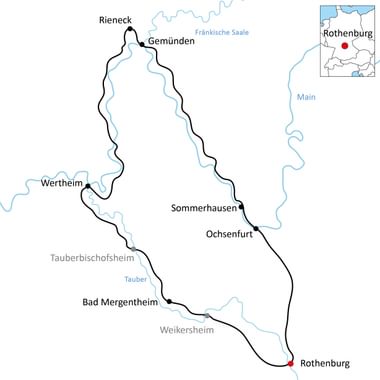 Map showing cycling route from Rothenburg through Ochsenfurt, Sommerhausen, Wertheim, Bad Mergentheim to Gemünden along Main and Tauber rivers.