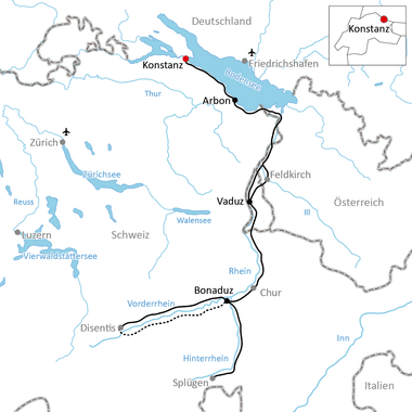 Karte des Rhein-Radwegs von Konstanz über Arbon, Vaduz und Bonaduz bis Splügen, vorbei am Bodensee und entlang des Rheins.