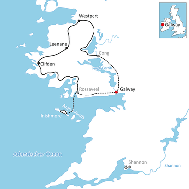 Karte mit Radroute durch Westirland, die Galway, Westport, Leenane und Clifden mit durchgezogenen Linien und Cong mit gepunkteter Linie verbindet.