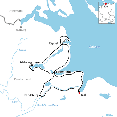 Karte mit Radroute durch Schleswig-Holstein von Kappeln über Schleswig, Eckernförde und Rendsburg nach Kiel, mit Ostsee und Wasserstraßen.