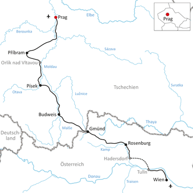 Karte mit Radweg von Prag über Příbram, Písek, Budweis, Gmünd und Rosenburg nach Wien durch Tschechien und Österreich.
