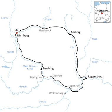 Karte mit Radweg-Rundroute von Nürnberg über Hersbruck, Amberg, Regensburg, Kelheim, Berching zurück nach Nürnberg in Bayern.