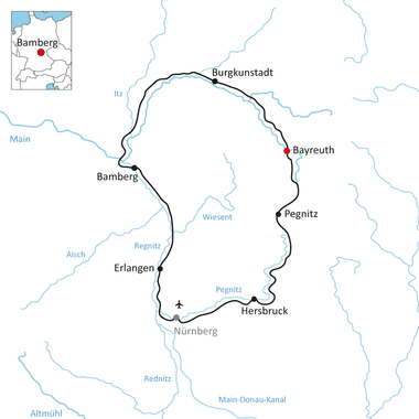 Karte mit einer Rundroute durch Bamberg, Burgkunstadt, Bayreuth, Pegnitz, Hersbruck, Erlangen und zurück nach Bamberg in Bayern.