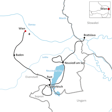 Karte mit Radweg von Wien entlang der Donau durch Baden, Rust, Mörbisch und Neusiedl am See nach Bratislava. Der Neusiedler See ist sichtbar.