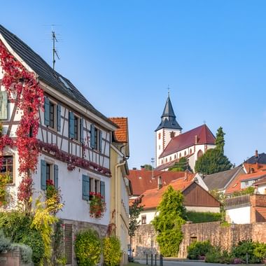 Weißes Fachwerkhaus mit rotem Efeu und Blumenkästen in Gernsbach, mit Kirchturm und roten Ziegeldächern im Hintergrund unter blauem Himmel.