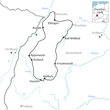 Karte mit Radroute durch den Schwarzwald von Karlsruhe über Ettlingen, Rastatt, Bad Wildbad, Freudenstadt, Wolfach bis Hausach.