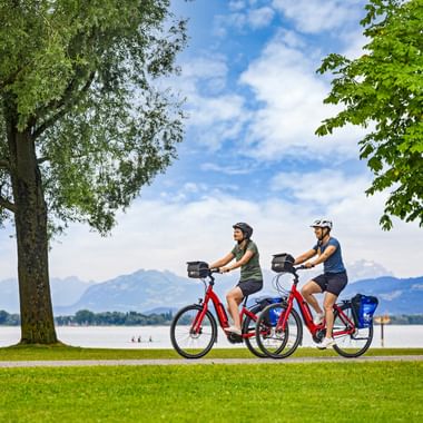 Zwei Radfahrer auf roten E-Bikes fahren entlang der Seepromenade in Lochau am Bodensee. Grüne Bäume rahmen den Weg mit Bergen im Hintergrund.