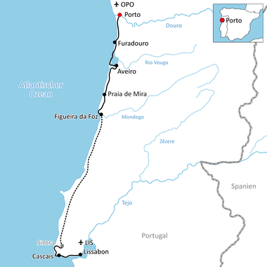 Karte mit Radroute entlang Portugals Atlantikküste von Porto nach Lissabon über Furadouro, Aveiro, Praia de Mira, Figueira da Foz und Cascais.