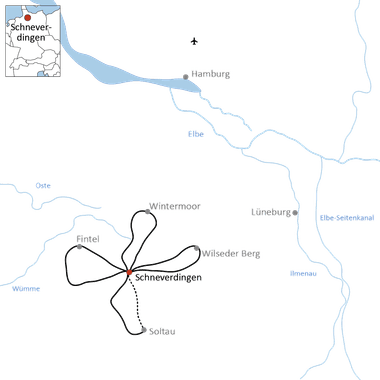 Karte mit Radwegen von Schneverdingen nach Wintermoor, Fintel, Wilseder Berg und Soltau. Die Flüsse Elbe, Oste und Wümme sind markiert.