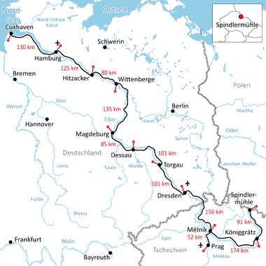 Karte des Elbe-Radwegs durch Deutschland und Tschechien, mit schwarzer Linie von Cuxhaven nach Prag über Hamburg, Magdeburg und Dresden markiert.