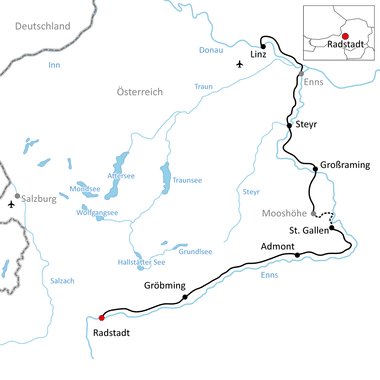 Karte mit Radroute entlang der Enns von Radstadt nach St. Gallen, über Gröbming, Admont, Großraming, Steyr und Enns nach Linz.