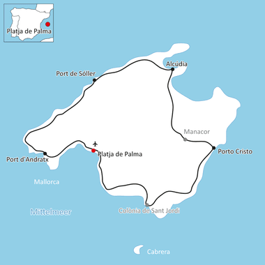 Karte von Mallorca mit einer Radroute, die Platja de Palma, Port d'Andratx, Port de Sóller, Alcúdia, Manacor und Porto Cristo verbindet.