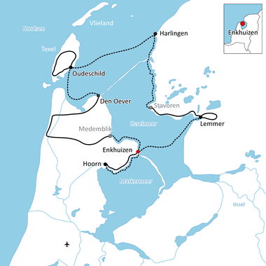 Karte mit Radroute durch niederländische Küstenregion mit Stationen in Enkhuizen, Lemmer, Harlingen, Oudeschild, Den Oever und Hoorn.