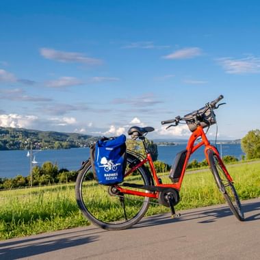 Rotes Fahrrad mit blauen Taschen auf Uferweg am Bodensee Untersee. Grüne Wiese, blauer See mit Segelbooten und Hügel unter klarem Himmel.