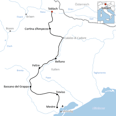 Karte mit Radroute von Toblach über Cortina d'Ampezzo, Belluno, Feltre, Bassano del Grappa, Treviso und Mestre nach Venedig in Italien.