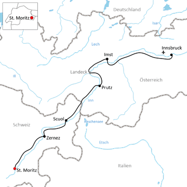 Karte mit Radroute von St. Moritz über Zernez, Scuol, Prutz, Imst nach Innsbruck entlang des Inn durch die Schweiz und Österreich.