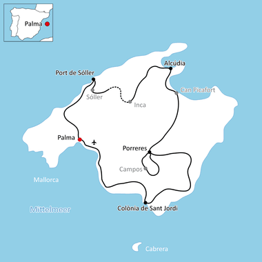 Karte mit Radroute auf Mallorca mit schwarzer Linie, die Palma, Port de Sóller, Alcúdia, Can Picafort, Porreres und Colònia de Sant Jordi verbindet.