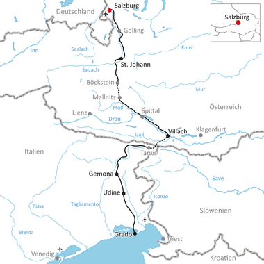 Karte mit Radweg von Salzburg, Österreich über St. Johann, Villach nach Grado, Italien, durch Gemona und Udine entlang von Flüssen und Grenzen.