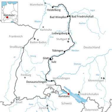 Karte mit Radroute durch Baden-Württemberg von Bad Friedrichshall über Stuttgart, Tübingen nach Konstanz am Bodensee.