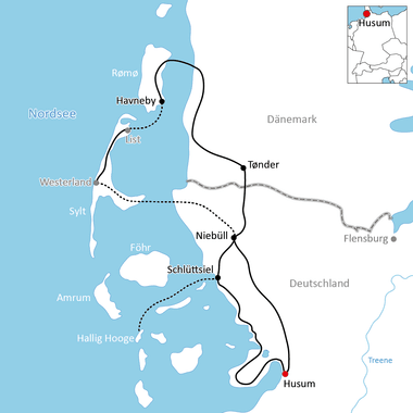 Karte mit Radweg entlang der deutschen Nordseeküste von Husum nach Tønder über Niebüll und Schlüttsiel, mit Inseln wie Sylt, Föhr und Amrum.